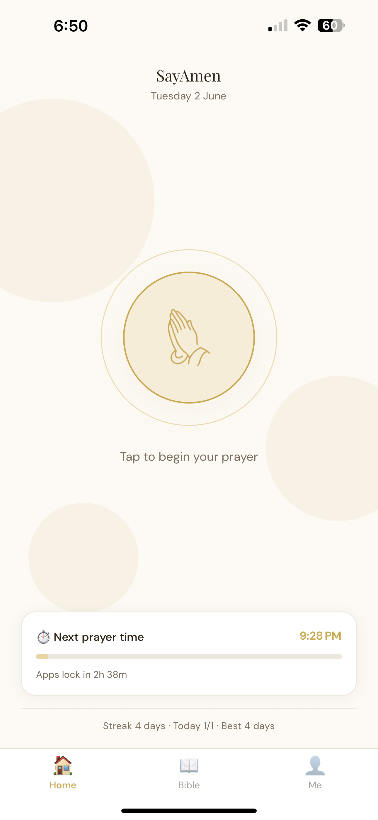 SayAmen home screen showing the daily prayer prompt